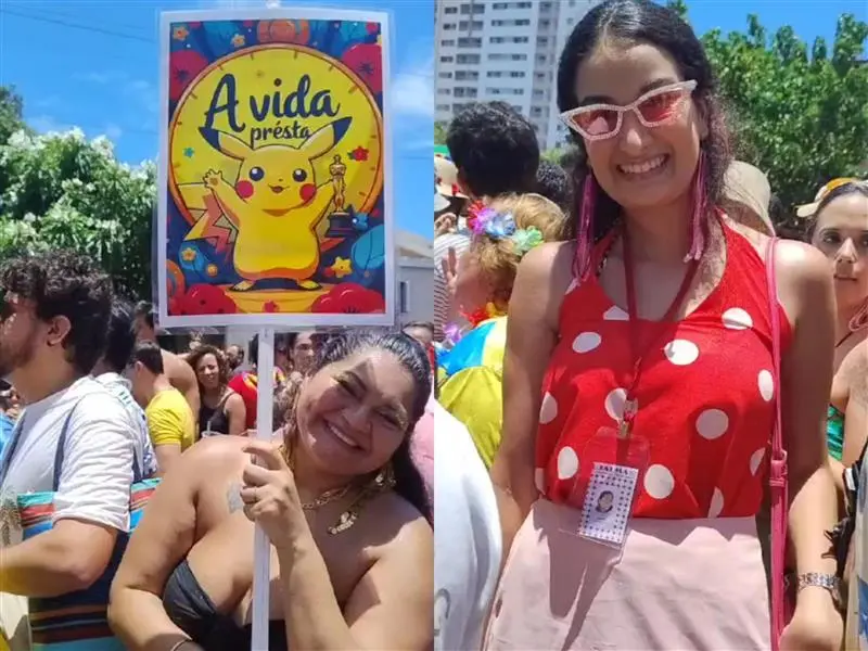 Placa de Pikachu por referência de Fernandes Torres, e a farda da 'Djalma Noivas' foram usados em cortejo por foliãs