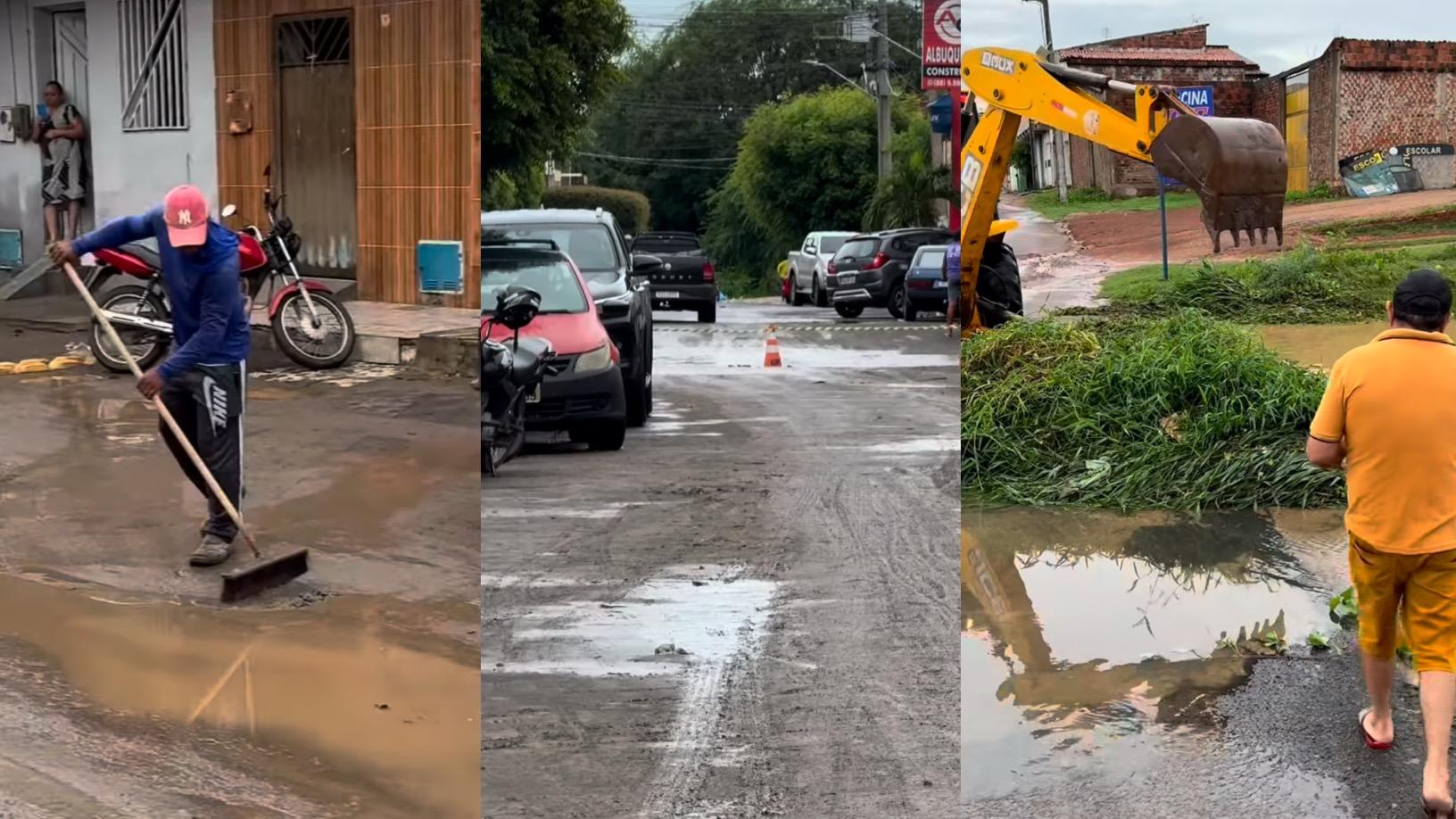 Trabalhadores da Prefeitura de Novo Oriente removem sujeira após chuvas