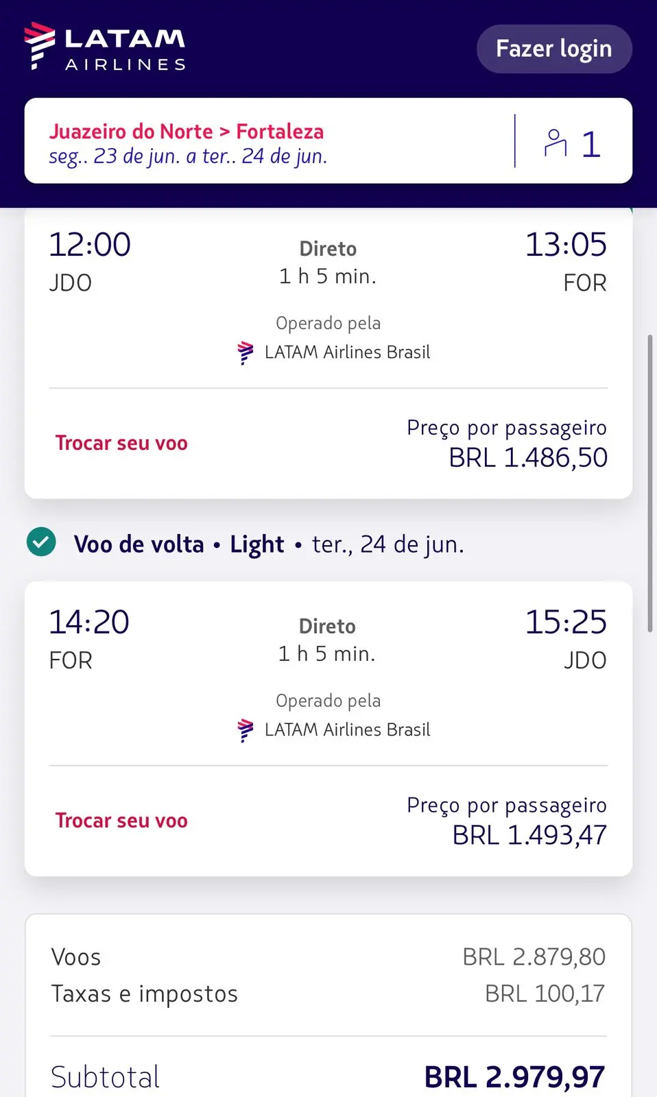 Print de preços de voo da Latam de Juazeiro do Norte para Fortaleza