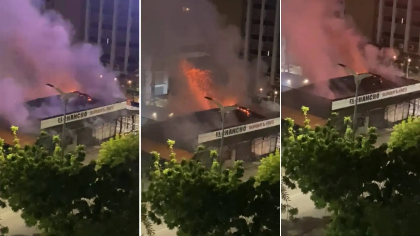 Colagem de três imagens mostra incêndio em hamburgueria El Chancho, localizada no bairro Meireles, em Fortaleza. Incêndio atinge hamburgueria em bairro nobre de Fortaleza; veja vídeo