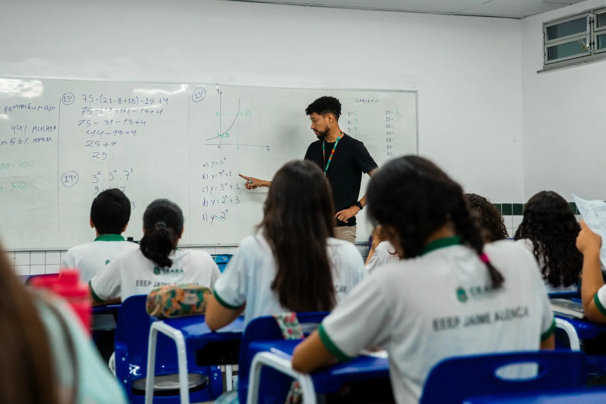 Sala de aula com estudantes assistindo a aula de matemática