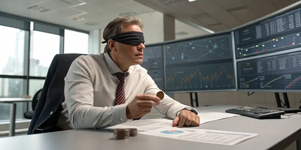 Imagem mostra executivo grisalho vendado segurando uma moeda