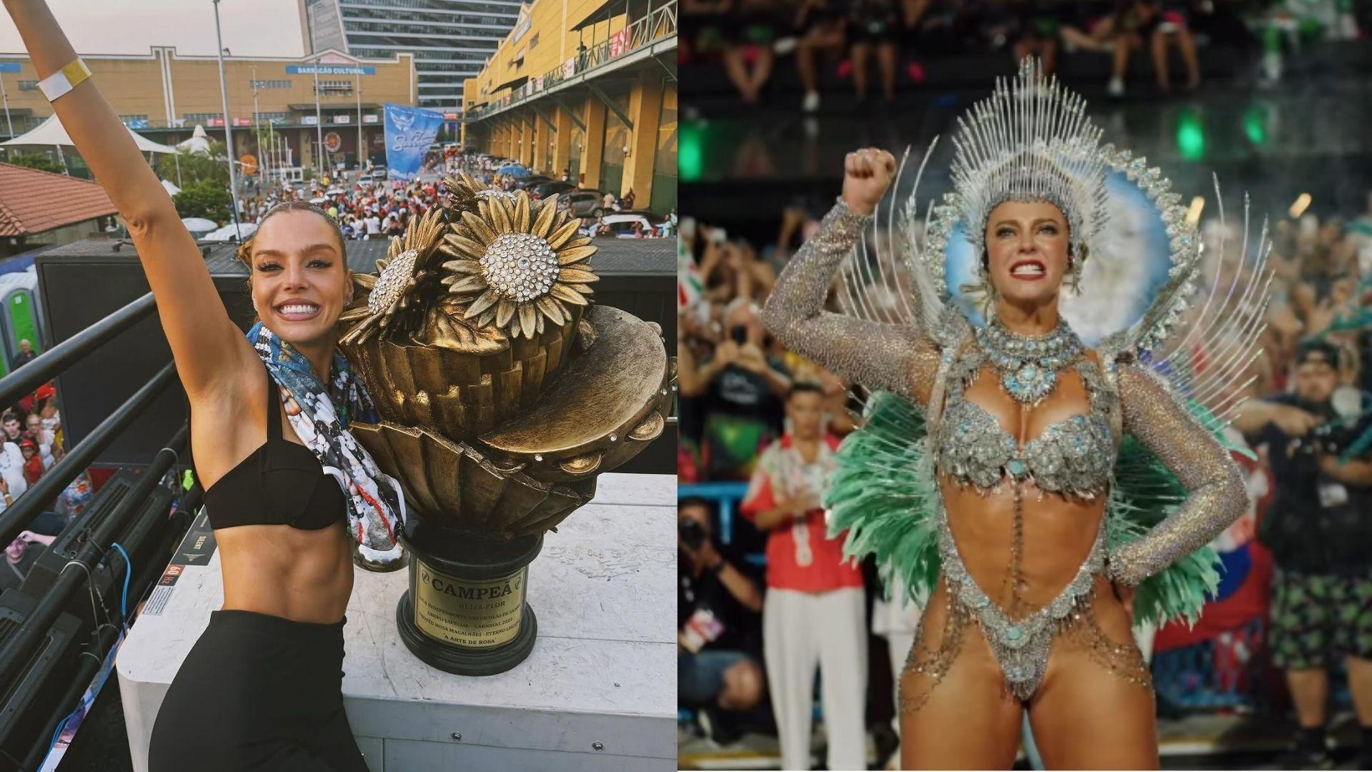 Imagem de uma mulher com troféu em desfile e a mesma mulher durante uma apresentação vibrante com fantasia elaborada e plumas. Carnaval é alegria!