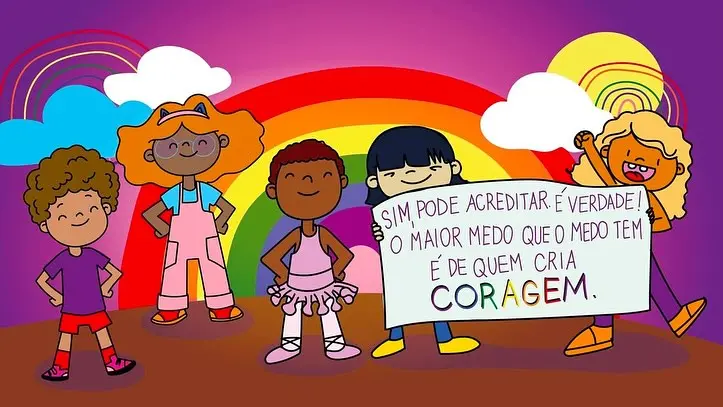 Ilustração de livro mostra várias pessoas com um cartaz defendendo coragem com um arco-íris ao fundo