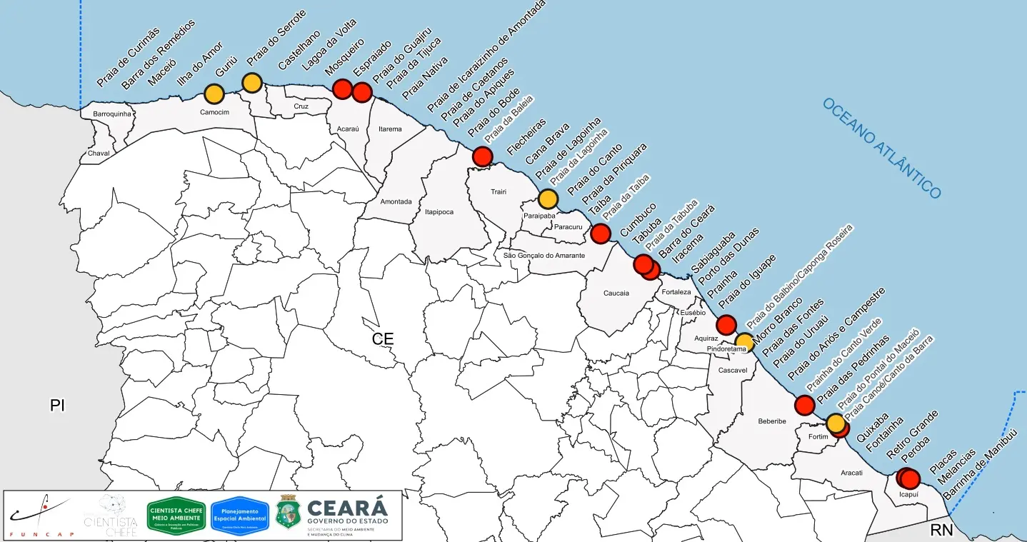 Mapa com os núcleos erosivos em praias cearenses