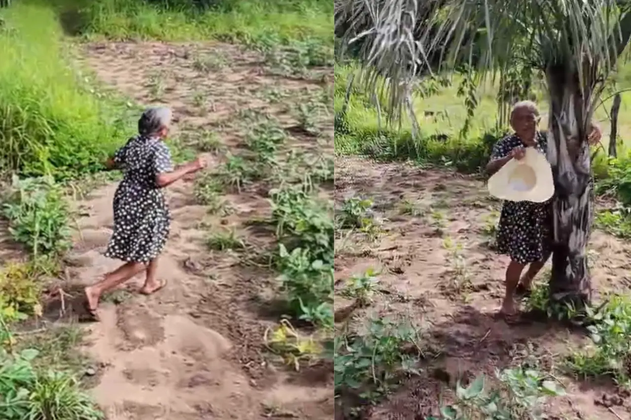 Captura de tela de vídeo de idosa correndo e se escondendo de drone em Juazeiro do Norte