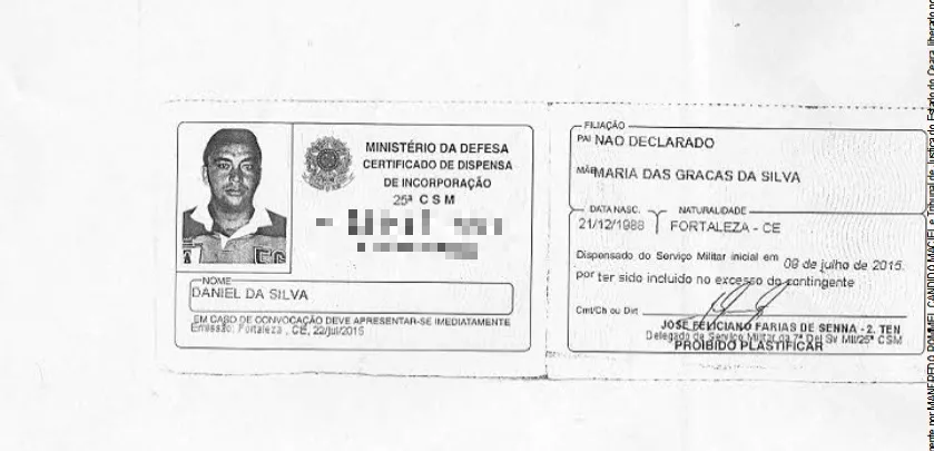 Documento do Daniel socorrido com um tiro na perna e preso, em 2016