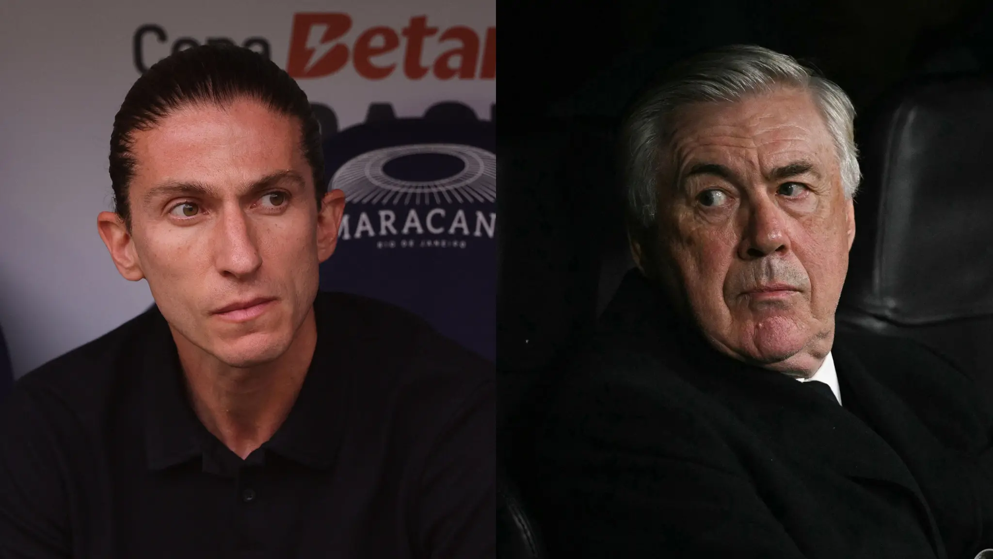 Montagem de fotos de Filipe Luís e Carlo Ancelotti, técnicos cotados na Seleção Brasileira