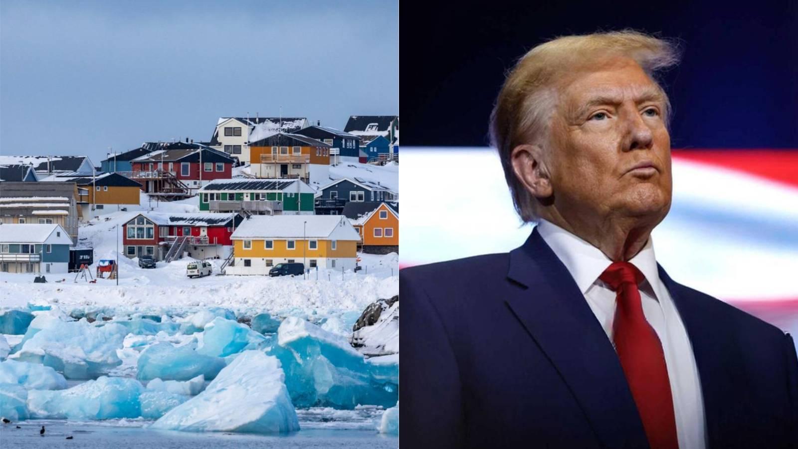Colagem mostra imagem icebergs flutuam na água ao largo de Nuuk, Groenlândia, em 7 de março de 2025, ao lado de imagem do presidente dos Estados Unidos, Donald Trump.