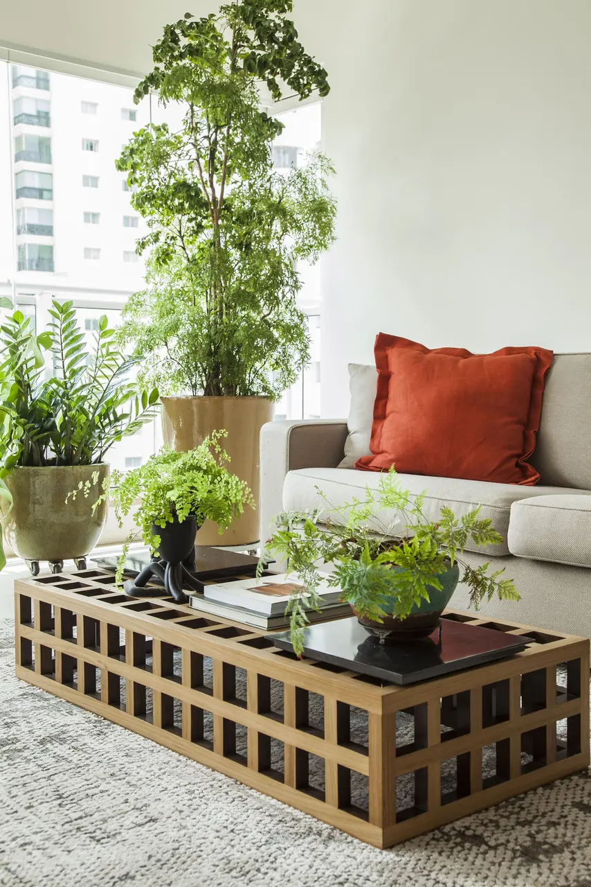 Uso de plantas no ambiente traz a natureza pra dentro de casa e deixa o espaço mais convidativo. Projeto Gigi Gorenstein