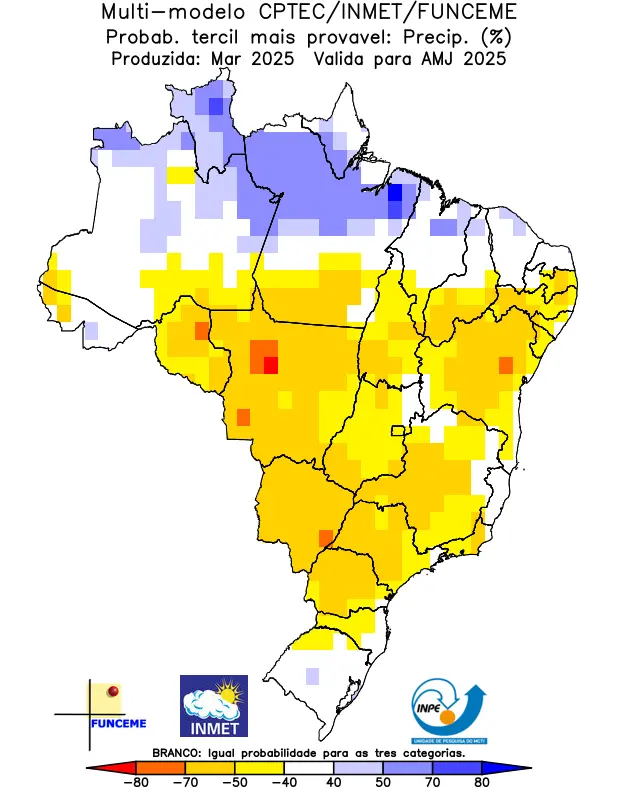 Mapa colorido do Brasil indicando possibilidade de chuvas; em azul, no norte, há maior beneficiamento