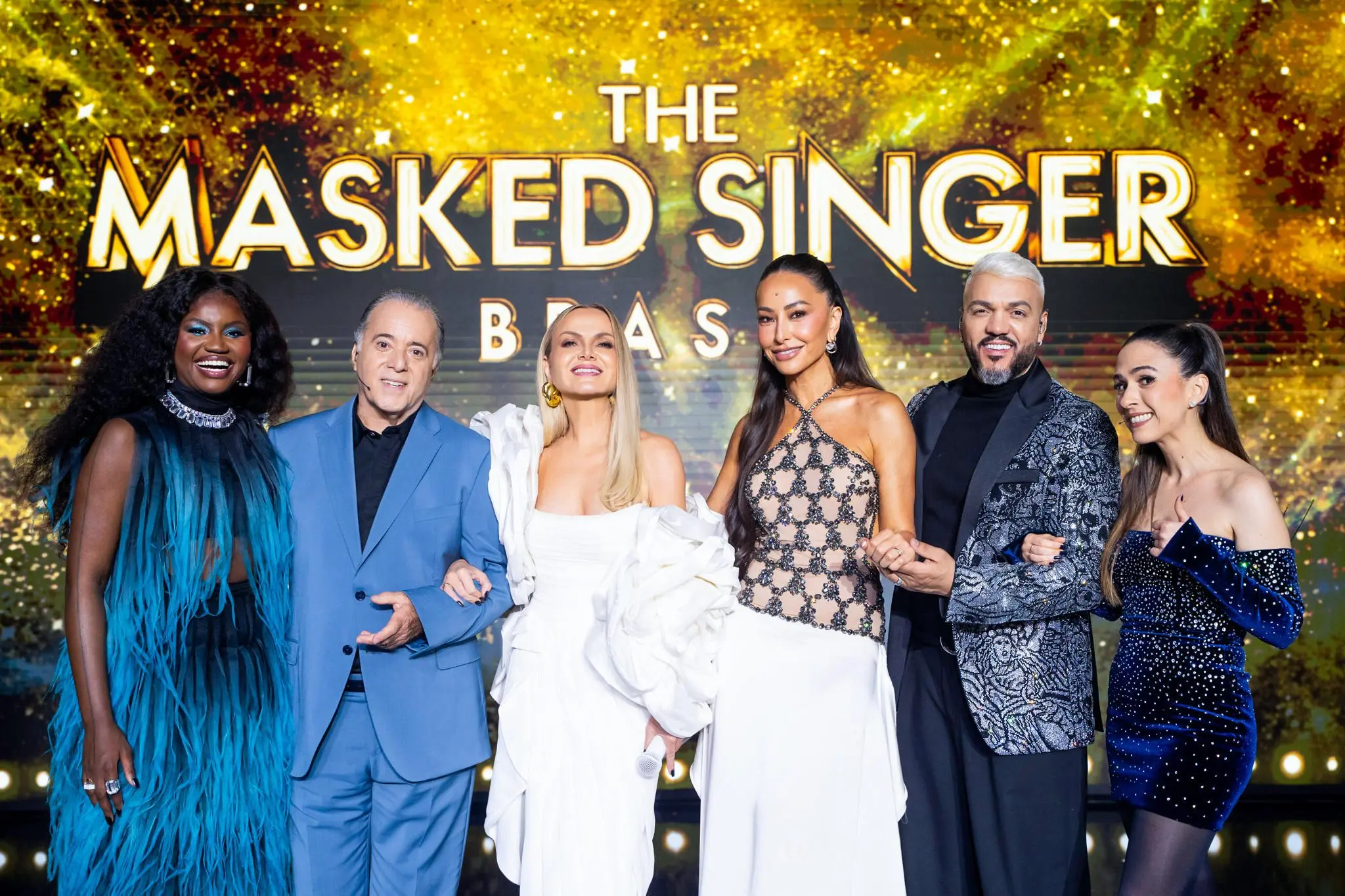 Foto de Eliana ,Diogo Nogueira,Kenya Sade, Belo eTony Ramos no episódio final de The Masked Singer
