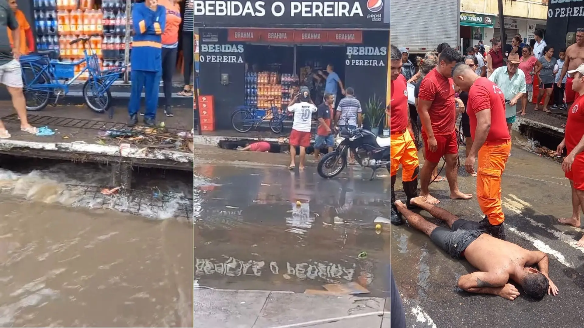 Imagem mostrando uma rua inundada com equipes de emergência ao redor, incluindo um homem caído e pessoas observando. A cena retrata uma emergência em frente a um comércio.