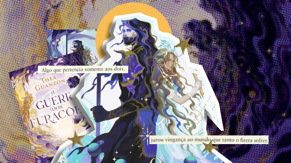 Arte do livro A Guerra dos Furacões da escritora Thea Guanzon e duas frases em estilo de colagem