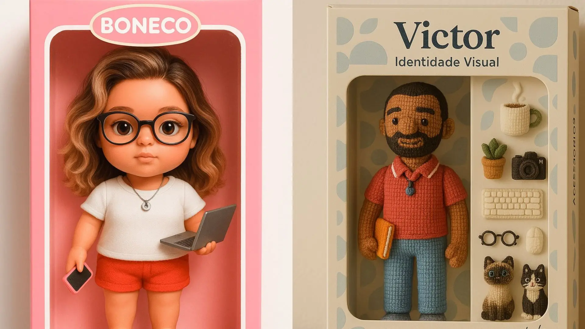 Imagem de bonecos artesanais que representam diversidade, incluindo uma menina com laptop e um homem com acessórios que representam uma identidade visual.