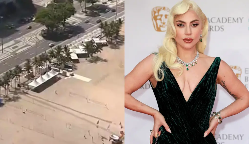 Montagem de fotos mostra palco sendo montado à esquerda e Lady Gaga à direita