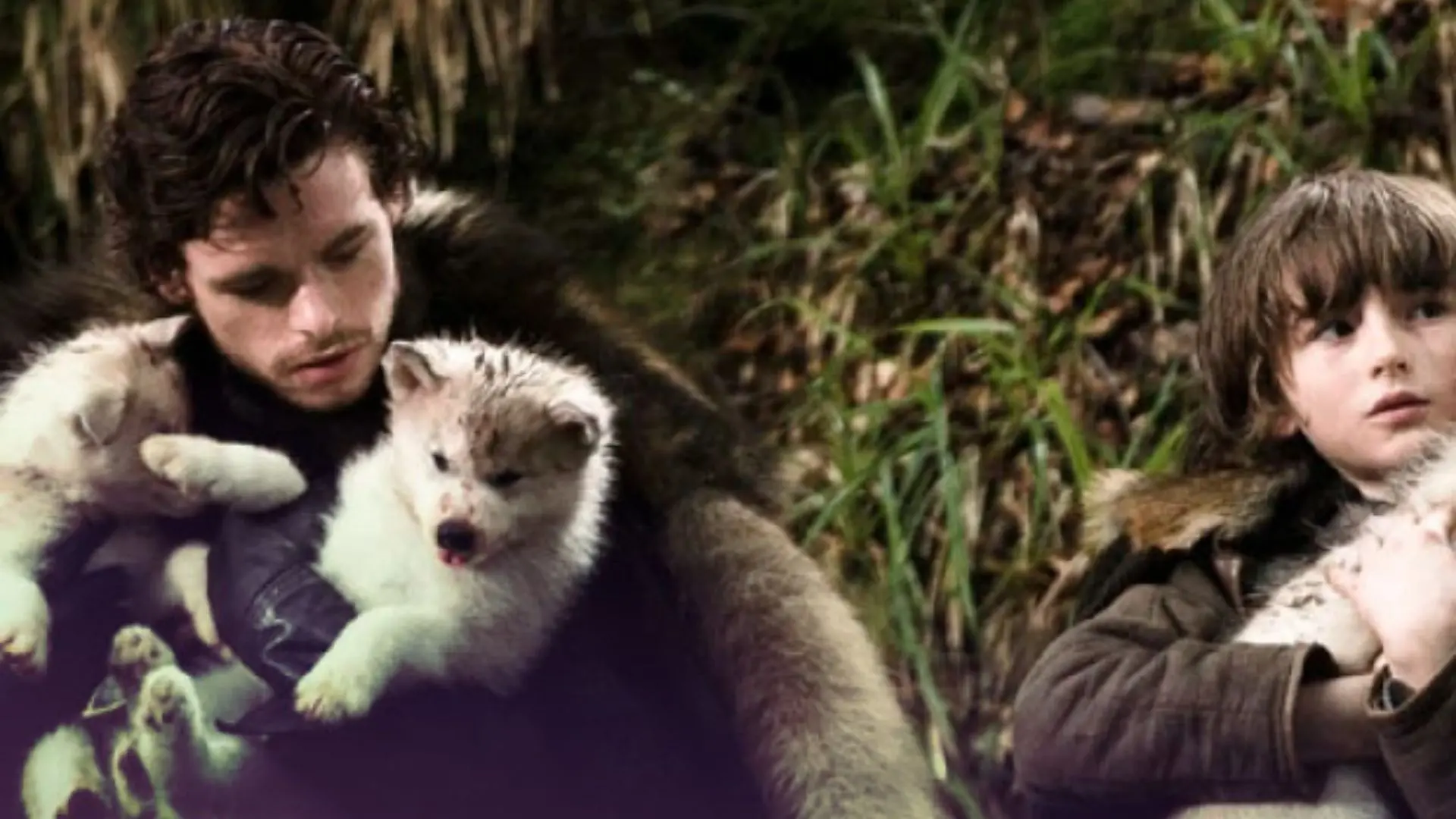 Atores de Game of Thrones com dois filhotes de lobos em referência a espécie extinta Lobo-terrível para matéria sobre sua desextinção