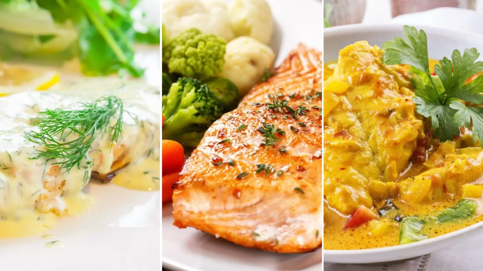 Colagem de três fotos mostra, em primeiro, imagem de prato de filé de peixe ao molho branco, em segundo, atum grelhado, e, em terceiro, peixada. Filé ao molho, atum grelhado e peixada: veja 3 ideias de pratos com peixe para a Semana Santa