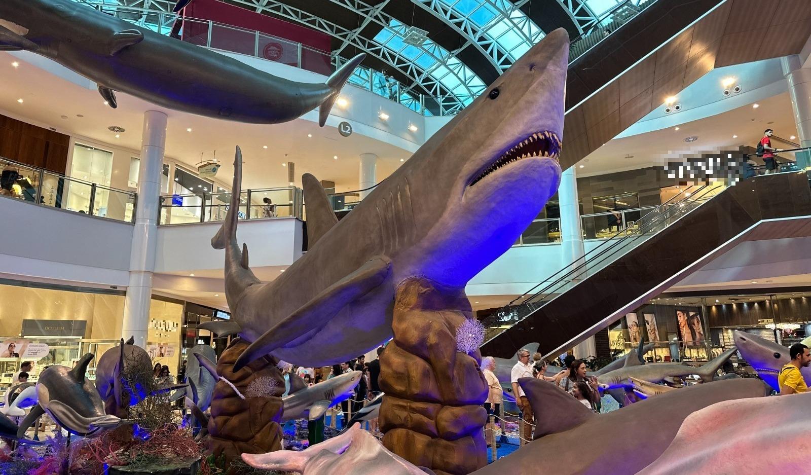 Réplica de tubarão em tamanho real exposta no shopping RioMar Fortaleza