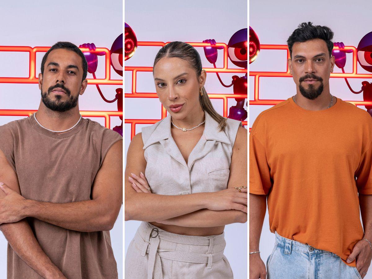 Na imagem, uma colagem dos emparedados no BBB 25: Maike, Renata e Vinícius