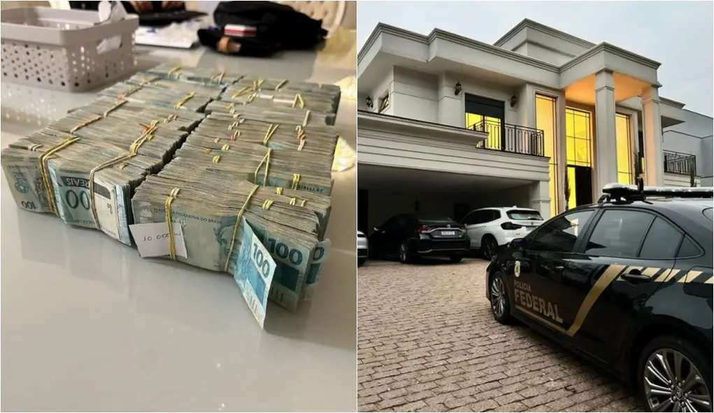 montagem de fotos mostrando maços de dinheiro apreendidos e casa de luxo. PF faz operação em Sorocaba (SP) e cumpre mandados na casa do prefeito tiktoker, Rodrigo Manga