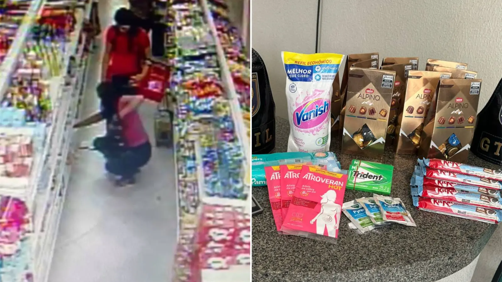 Colagem de duas imagens mostram, à esquerda, irmãs flagradas furtando produtos em loja de Pacajus, e, à direita, chocolates, chicletes e produtos de limpeza encontrados com suspeita