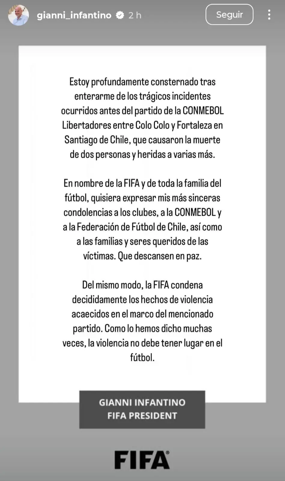 Postagem de Gianni Infantino em rede social própria