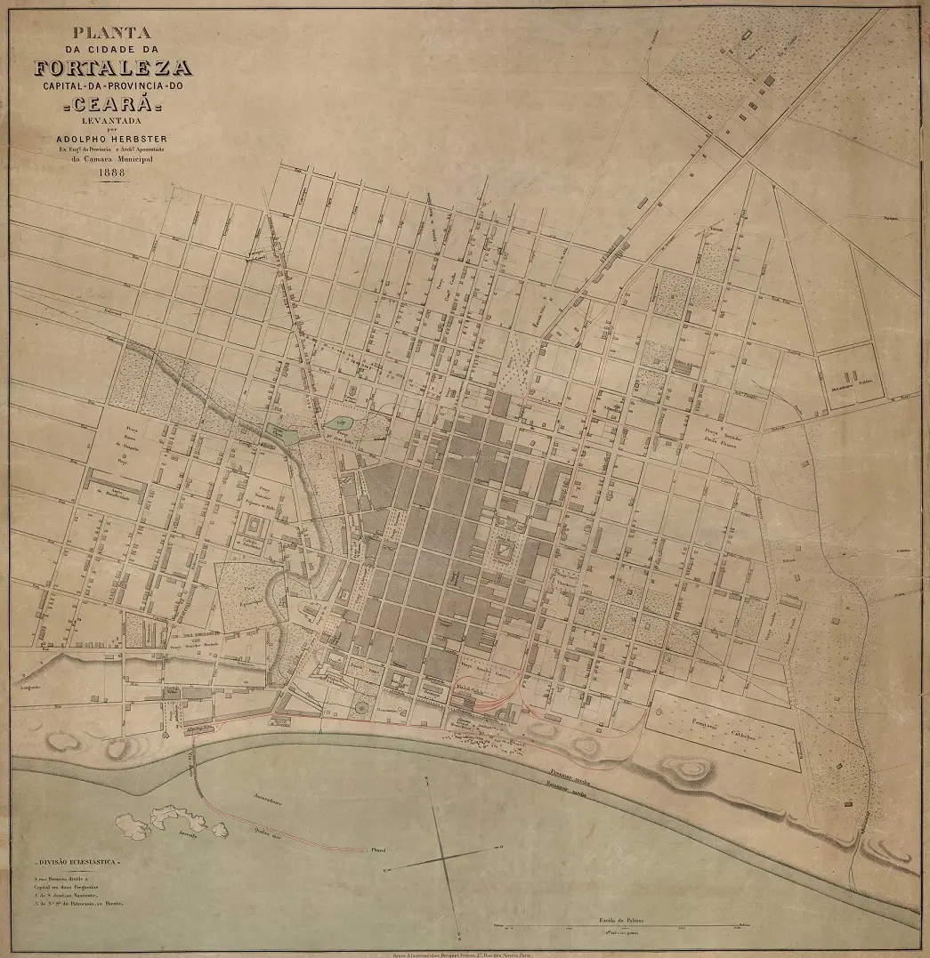Mapa de Fortaleza de 1888 mostrando várias ruas e a expansão da cidade para a zona sul