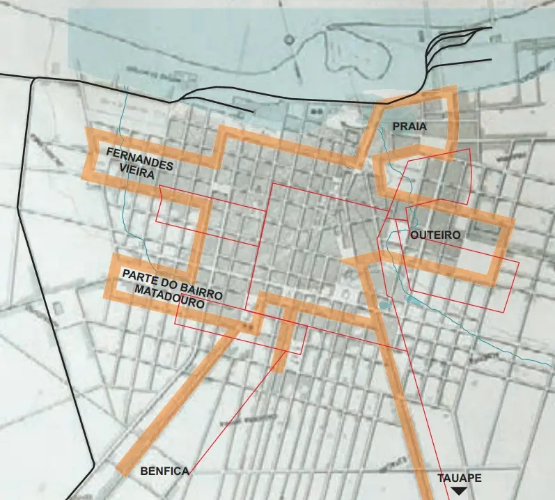 Mapa reconstituído de Fortaleza, de 1922, mostrando limites dos bairros Benfica, Fernandes Vieira, Praia, Outeiro, Matadouro e Tauape