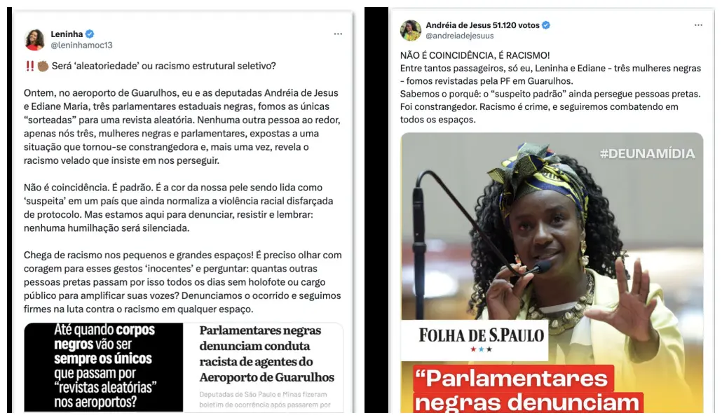 No print que junta duas publicações, aparecem as deputadas questionando a revista, afirmando se tratar de um saco de racismo.