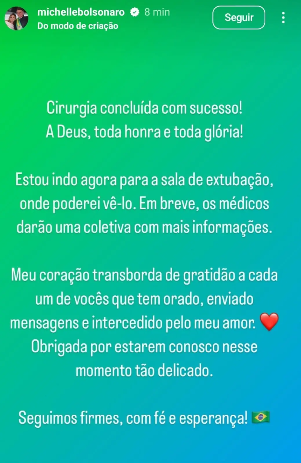 Print da publicação em que Michele Bolsonaro escreve que a cirurgia acabou e agradece a Deus