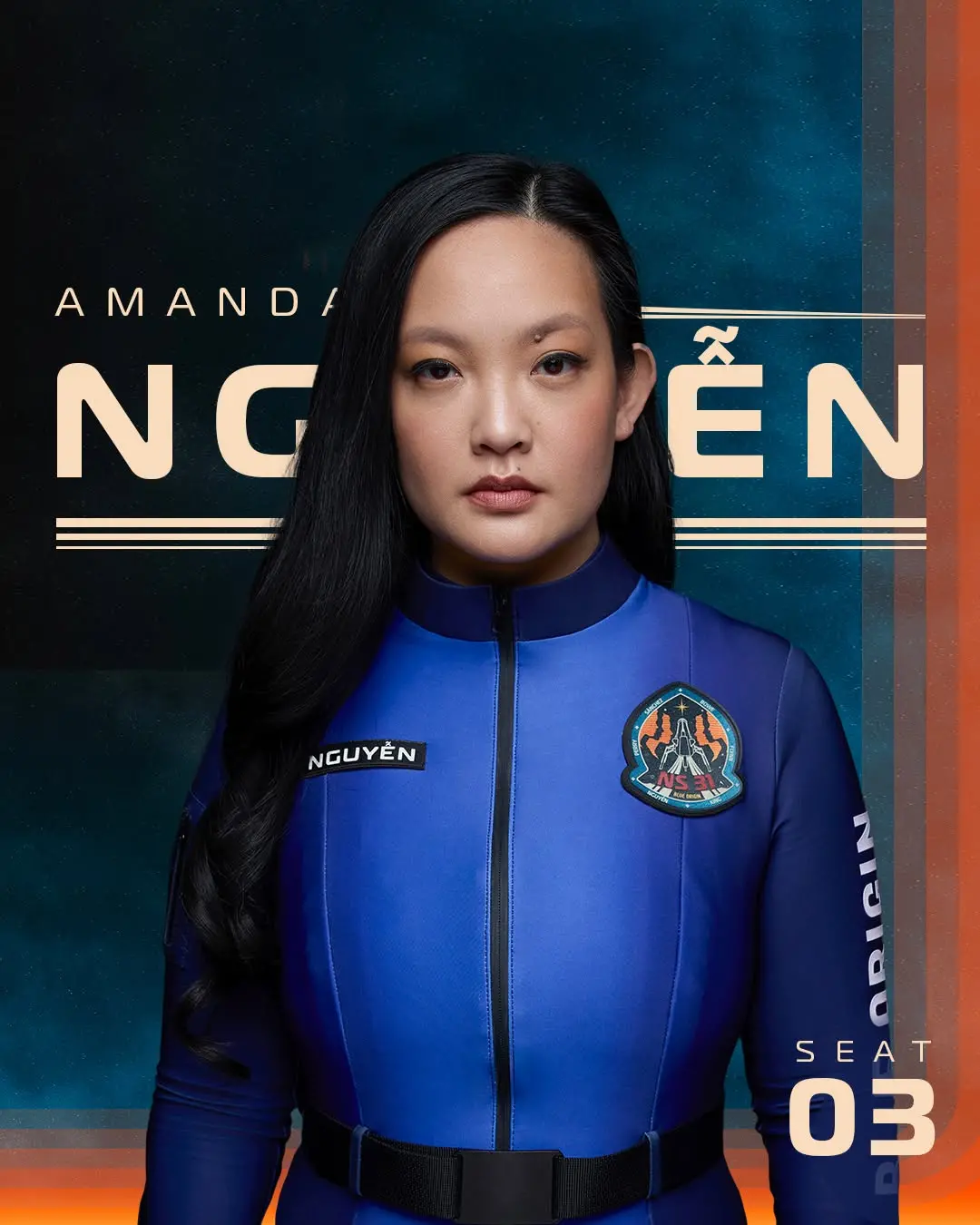 Amanda Nguyen, tripulante do voo da Blue Origin, de Jeff Bezos, formado exclusivamente por mulheres e lançado em 14 de abril de 2025