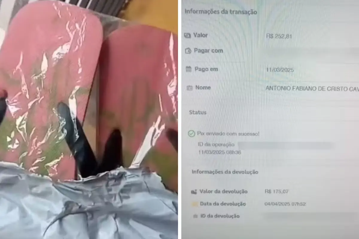 Imagem de um par de chinelos que pai recebeu ao invés da compra de um berço