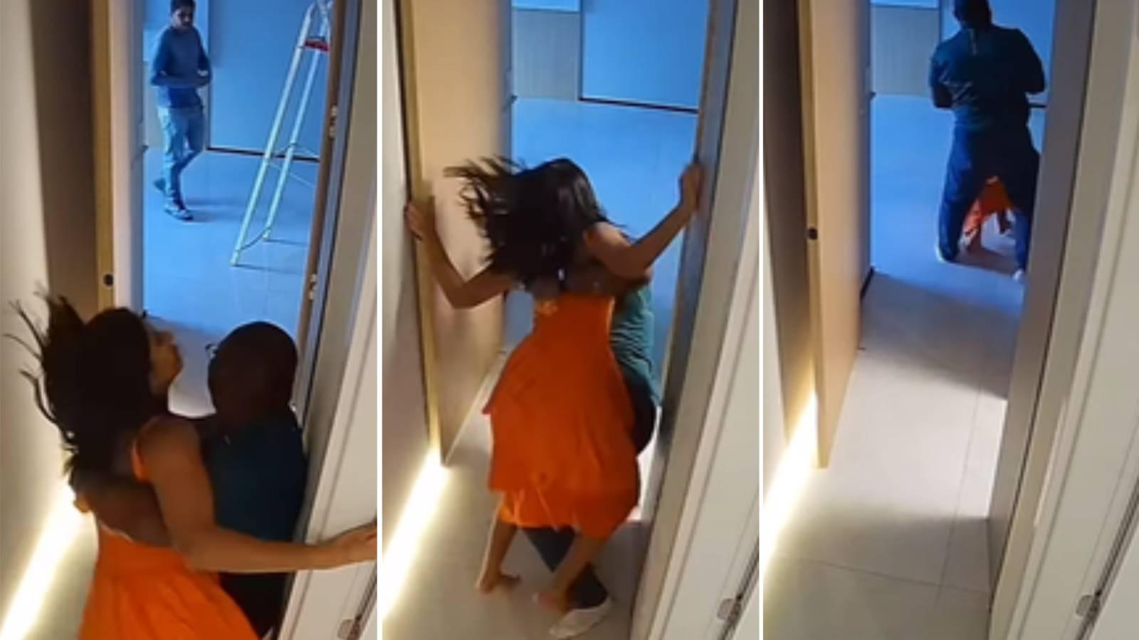 Colagem com três imagens mostram momento que advogado João Neto supostamente empurra mulher contra chão em Alagoas