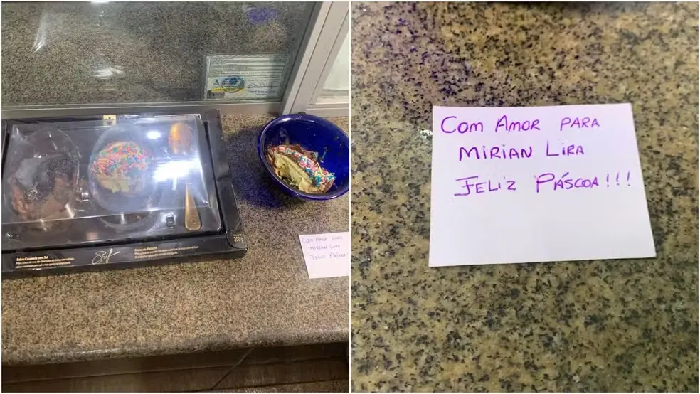 foto de ovo de chocolate envenenado no Maranhão com recado de Feliz Páscoa à vítima. Uma criança de 7 anos morreu após comer o ovo