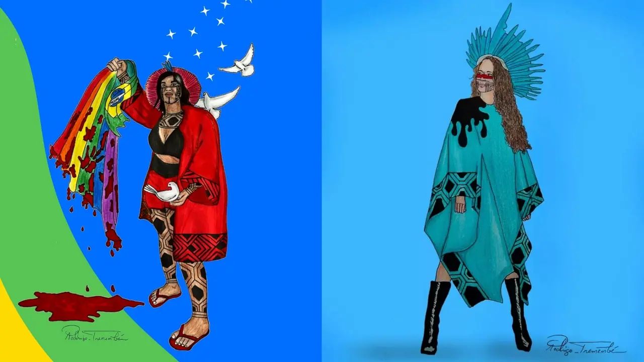 Croquis de Rodrigo representam pessoas indígenas; nas imagens, desenhos inspirados em Jayza Tremembé e Alice Pataxó