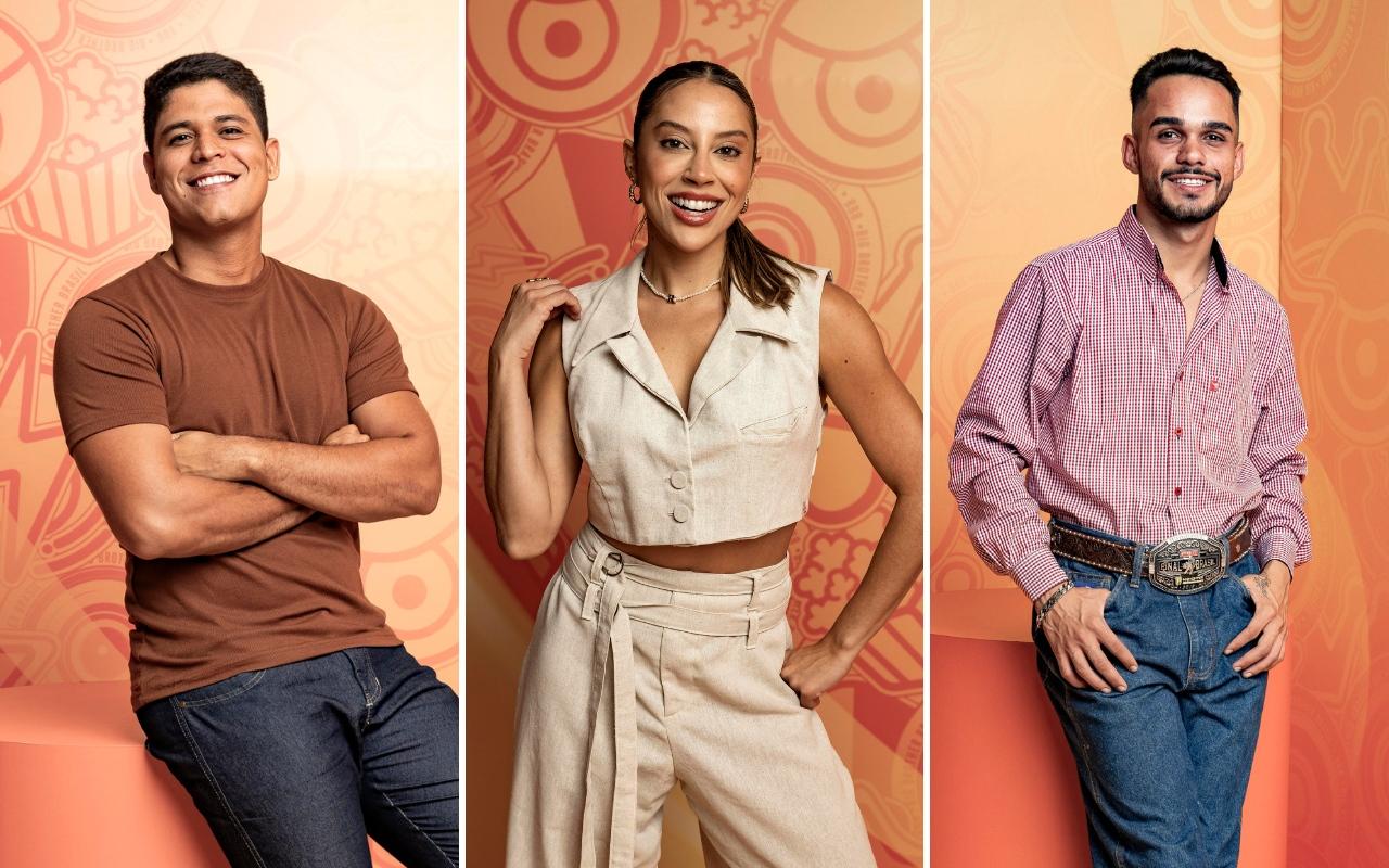 Imagem dos participantes Guilherme, Renata e João Pedro, do Big Brother Brasil 25