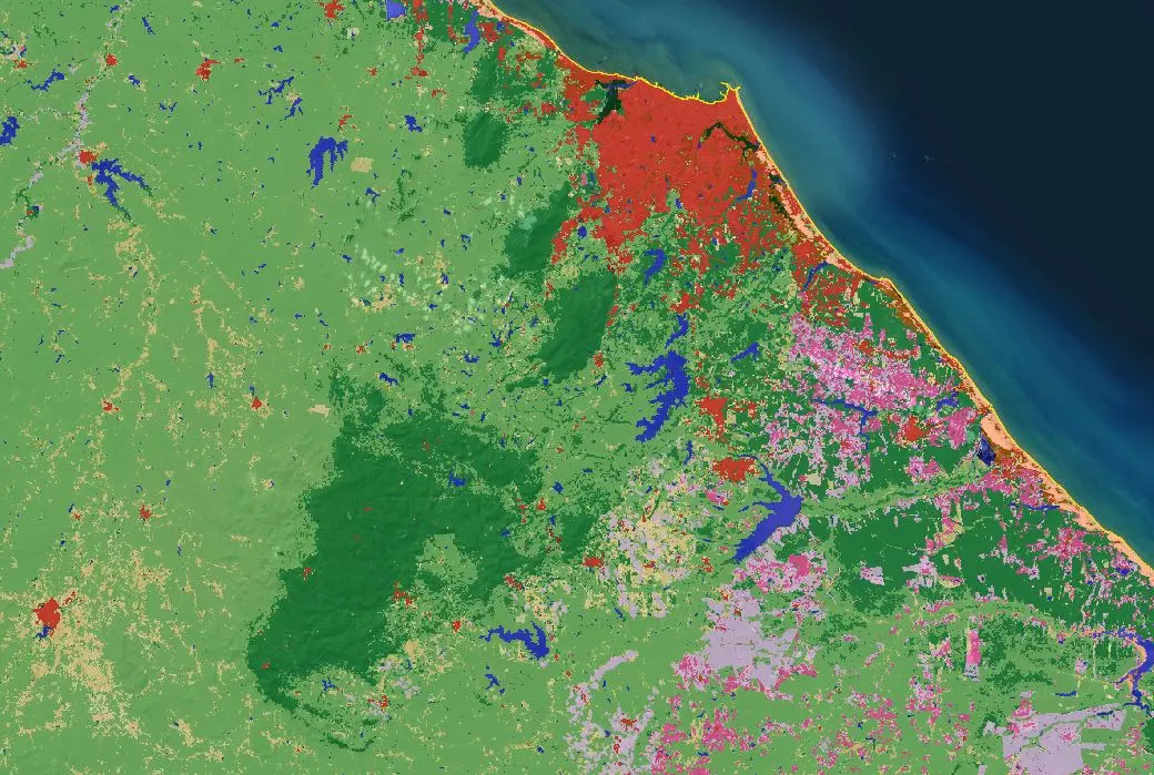 Mapa colorido do MapBiomas com diferentes áreas de vegetação do Ceará