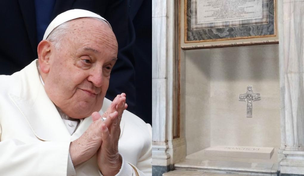 Montagem de fotos mostra papa Francisco à esquerda e túmulo à direita, para matéria sobre projeto de túmulo divulgado pelo Vaticano