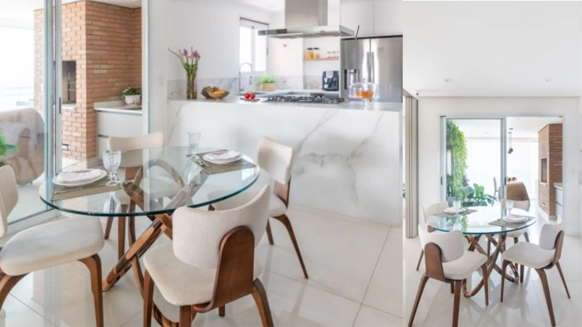 Se tem cozinha americana, posicione a mesa logo na frente e terá a copa e mesa de jantar em um mesmo ambiente. Projeto da arquiteta Isabella Nalon