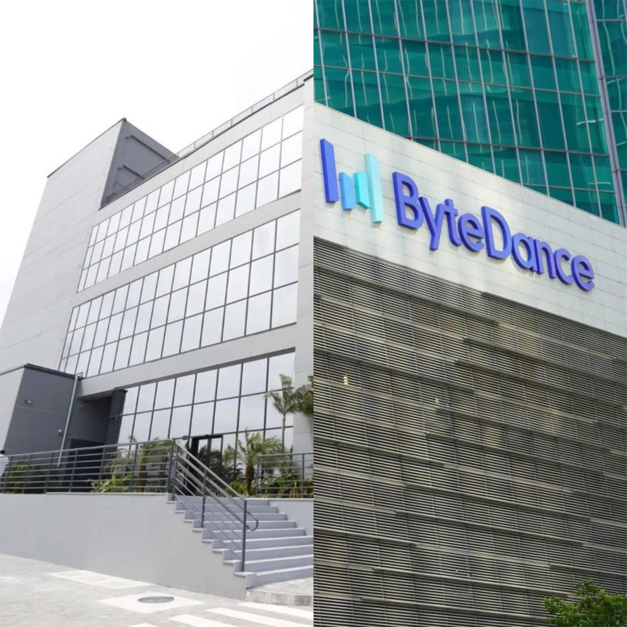 Foto que contém dois prédios em cor acinzentada. À direita, o nome ByteDance em azul