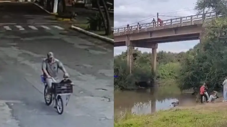Colagem de duas imagens. A esquerda aparece homem levando filho na bicicleta; à direita aparece imagem da ponte de onde homem jogou criança