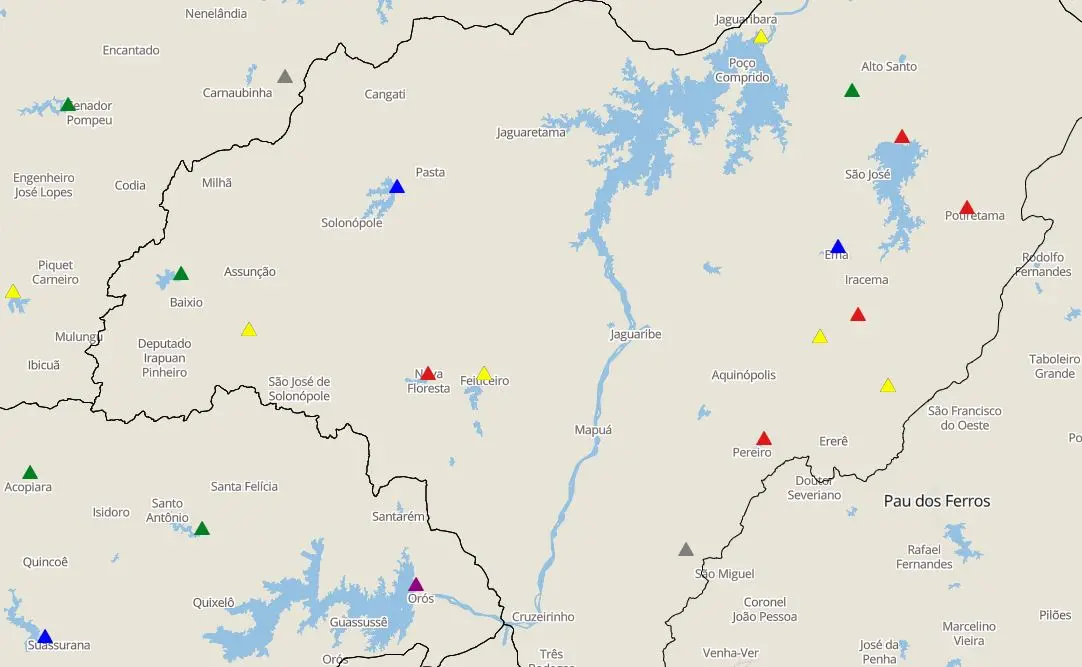 Mapa de açudes do Ceará destacando tamanho do Orós e do Castanhão