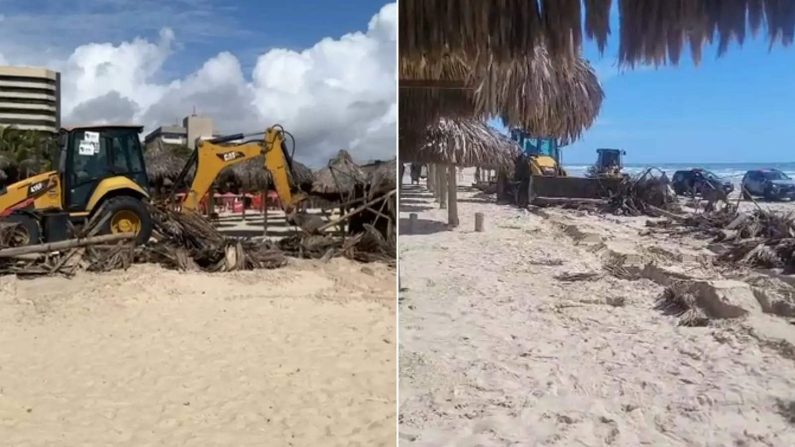Colagem com duas imagens mostram máquinas trabalhando na demolição de estruturas irregulares na Praia do Futuro, em Fortaleza