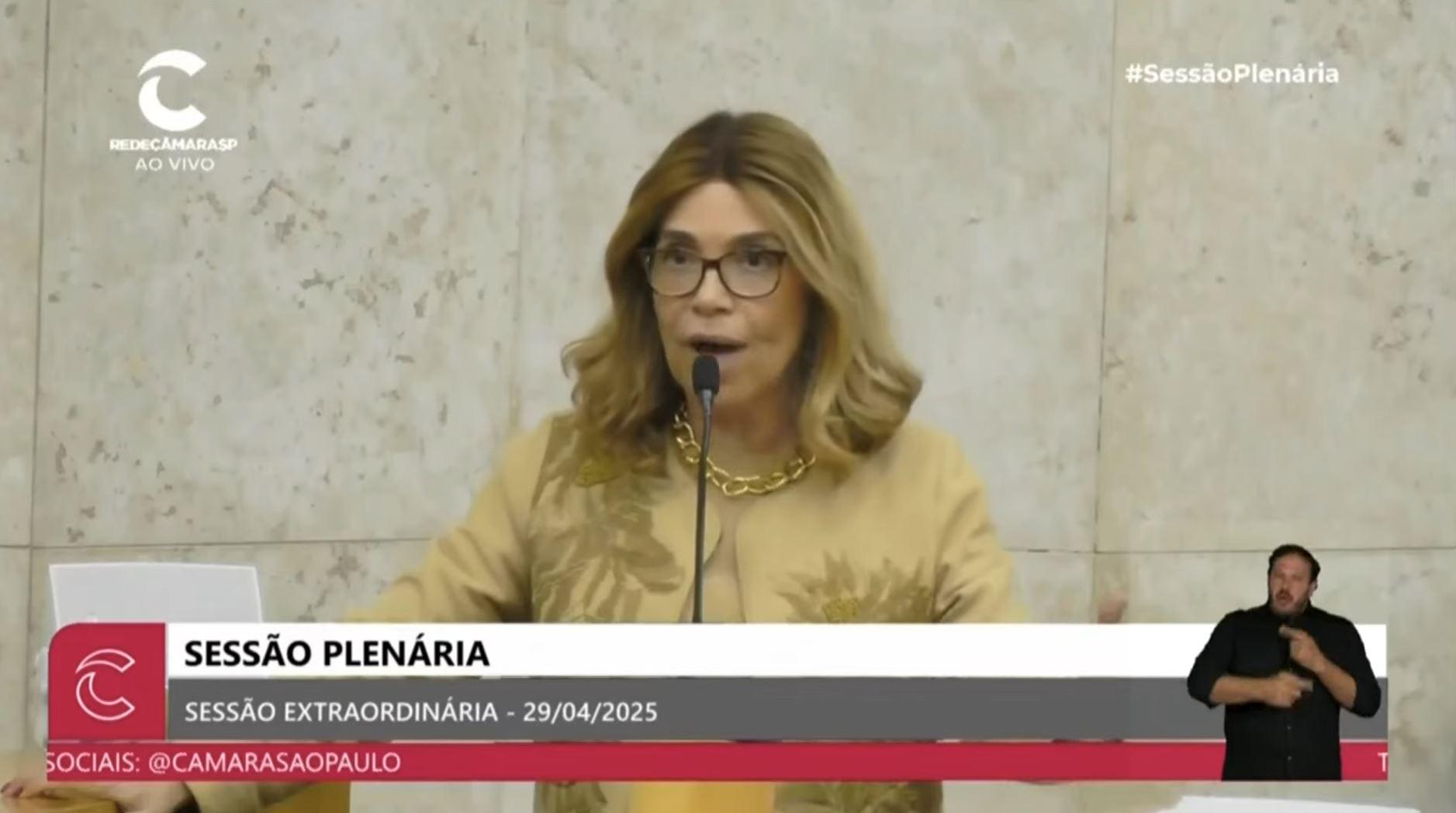 Vereadora Cris Monteiro, do partido Novo, fala ao microfone durante sessão na Câmara Municipal de São Paulo