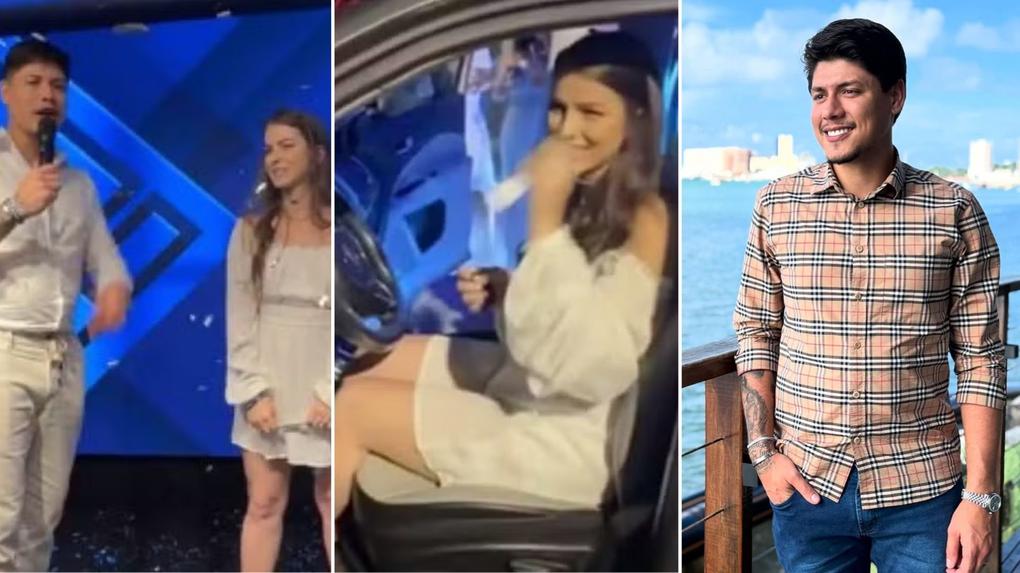 Montagem com três imagens: à esquerda, funcionária no palco recebendo o anúncio do sorteio de um carro; ao centro, a mesma funcionária emocionada dentro do veículo; à direita, empresário Rodrigo Morgado sorrindo em uma sacada com vista para o mar.