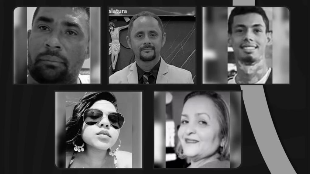 Foto em preto e branco de cinco pessoas de Jaguaretama que faleceram em acidente na BR-116