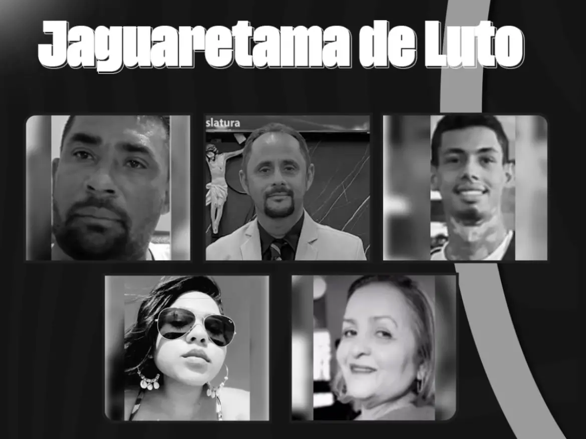 Foto em preto e branco de cinco pessoas de Jaguaretama que faleceram em acidente na BR-116