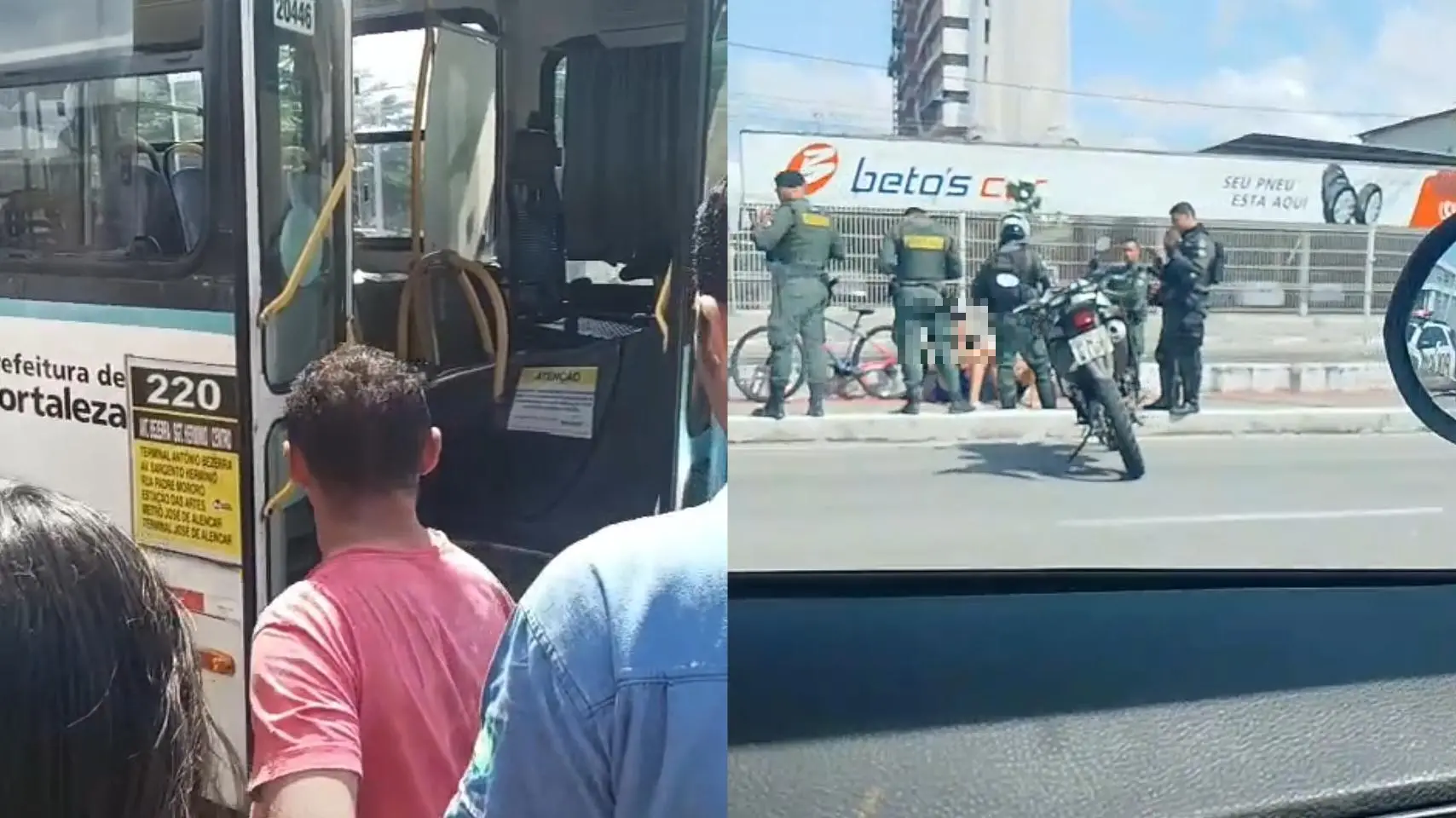 Crime aconteceu na Avenida Sargento Hermínio, em Fortaleza. A imagem é uma montagem de duas fotos. Uma dos passageiros olhando para a entrada do ônibus onde ocorreu o crime. A segunda imagem são policiais abordando os suspeitos de terem cometido o homicídio