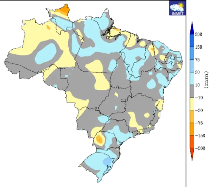 Mapa do Inmet mostra previsão de chuvas abaixo da média no Ceará em maio de 2025